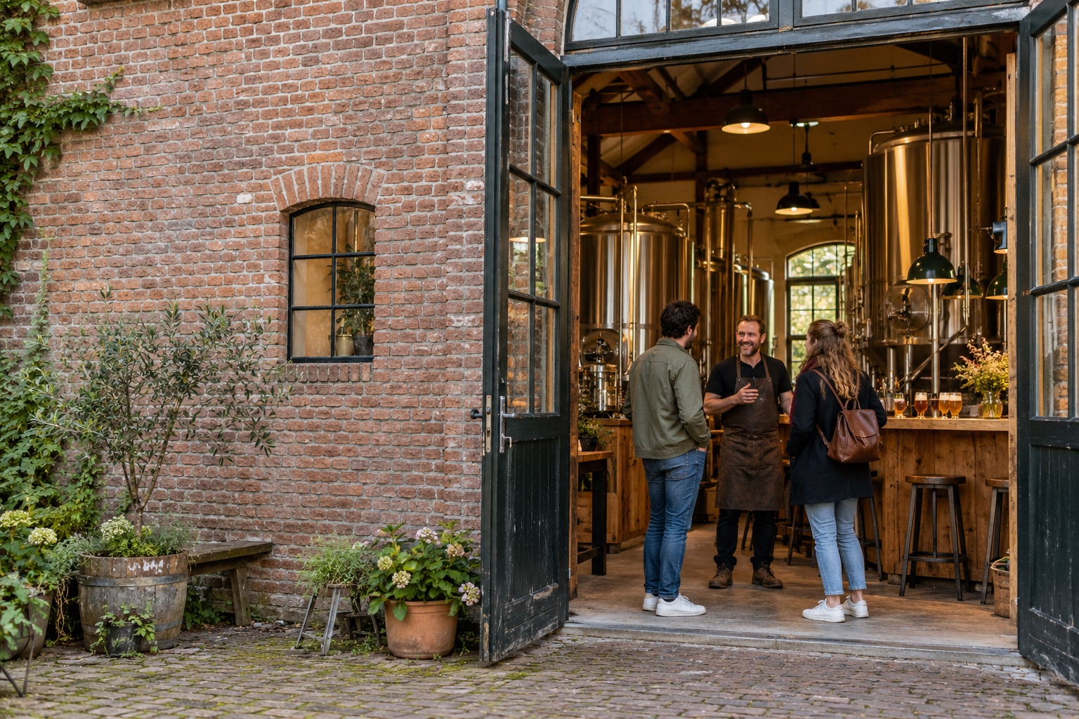 Open deuren van een Nederlandse brouwerij waar bezoekers worden verwelkomd