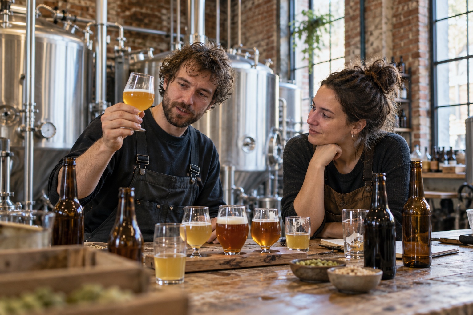 Brouwers proeven samen hun bier in de brouwerij