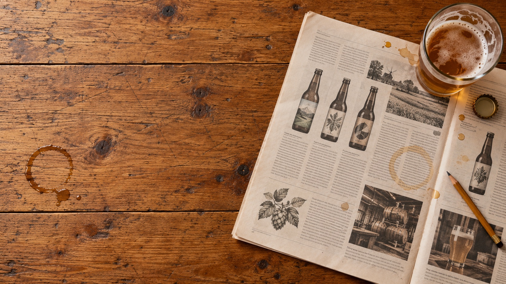 Een geprinte biernieuwsbrief met een glas bier op een houten bar