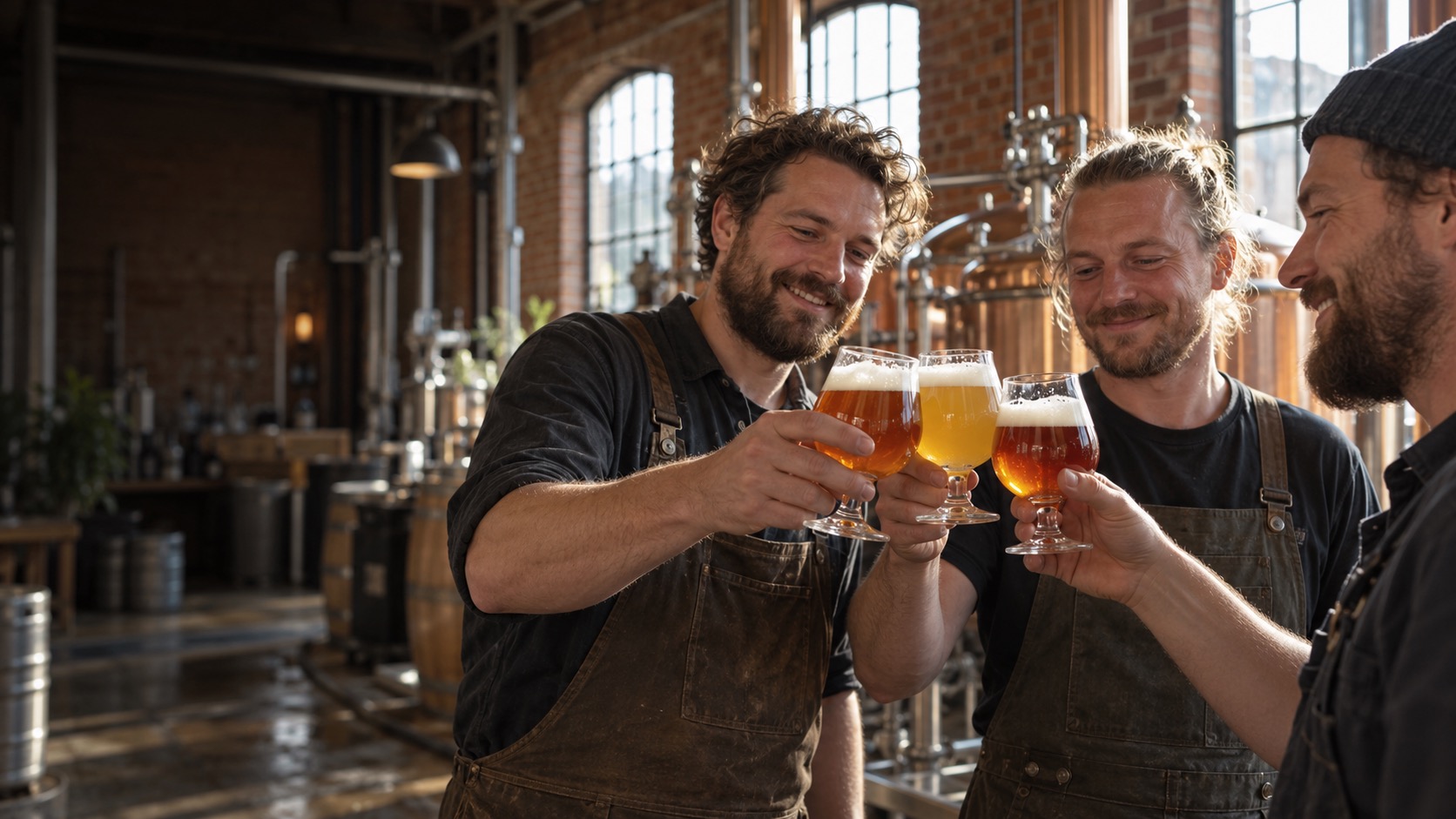Brouwers proosten samen in de brouwerij