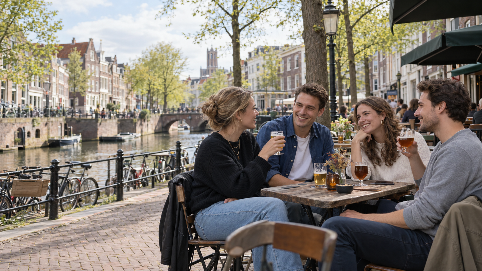 Volwassen vrienden genieten van speciaalbier op een terras aan een Nederlandse gracht.