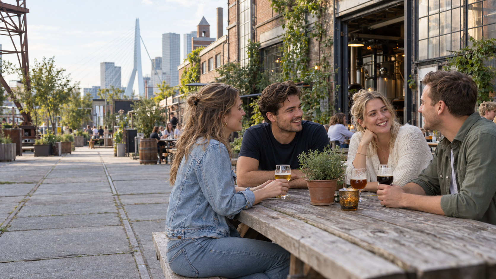 Een groep vrienden met glazen speciaalbier in een groene stadse biertuin.