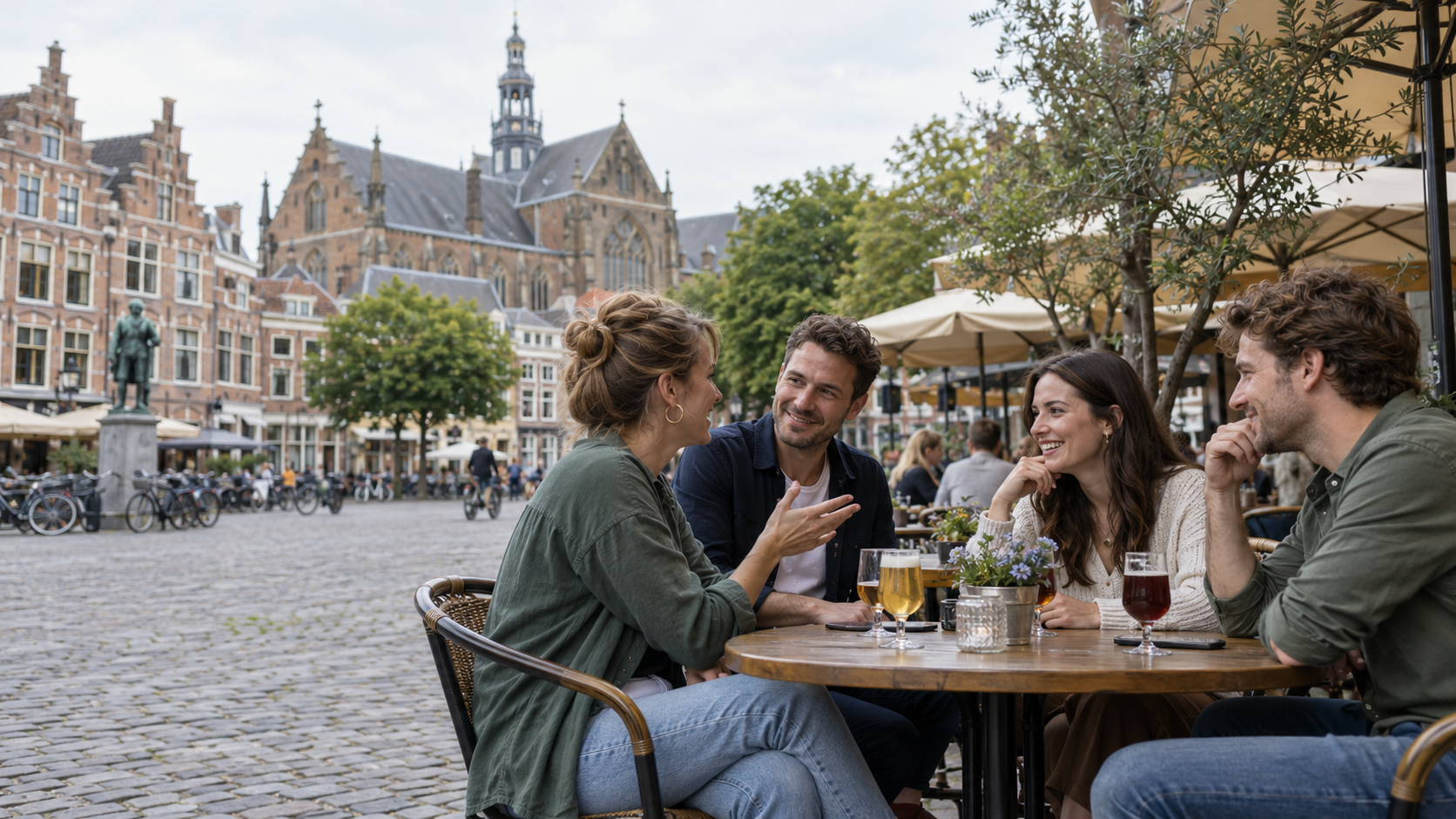 Vier volwassen vrienden drinken speciaalbier op een Nederlands plein met bakstenen gevelhuizen en fietsen.