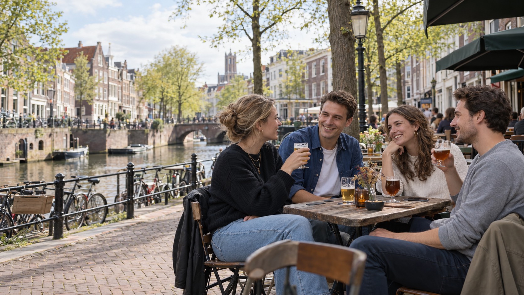 Volwassen vrienden genieten van speciaalbier op een terras aan een Nederlandse gracht.