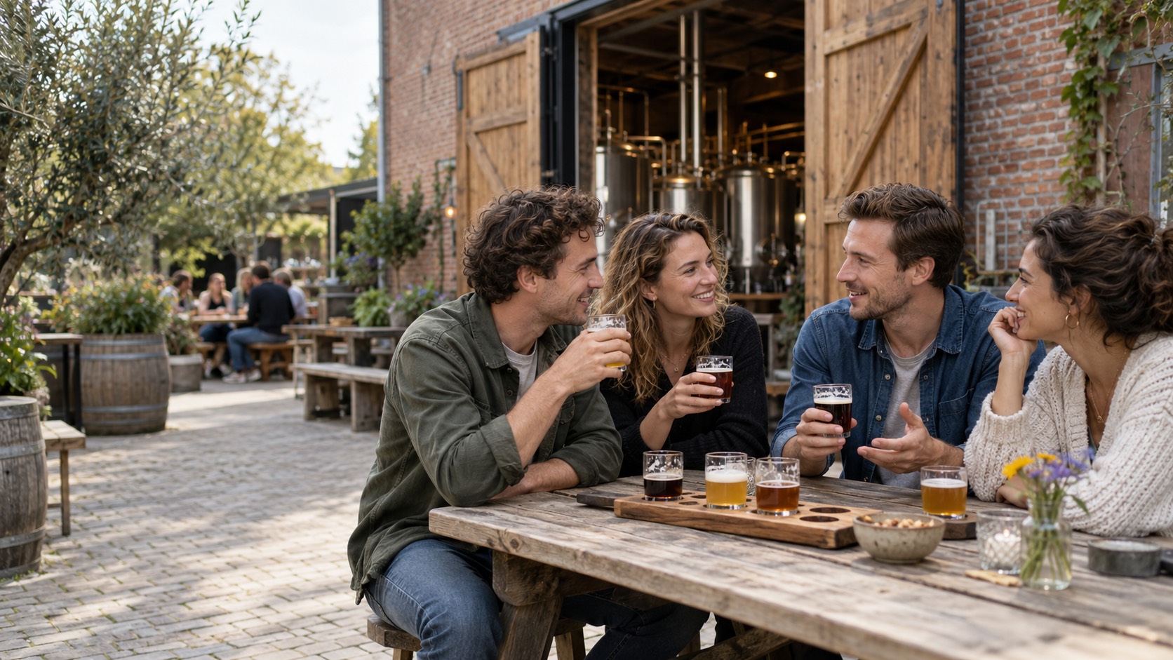 Volwassen vrienden van rond de dertig ontdekken speciaalbier op een Nederlands brouwerijterras.