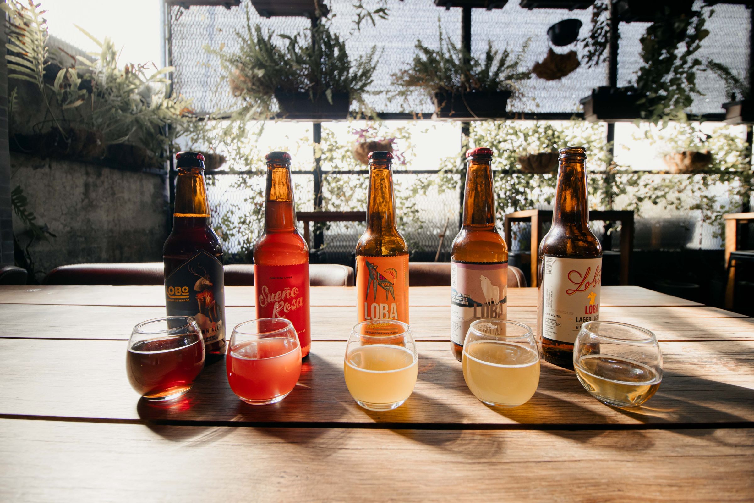 Vijf flesjes speciaalbier met elk een gevuld glas op een zonnige houten tafel.